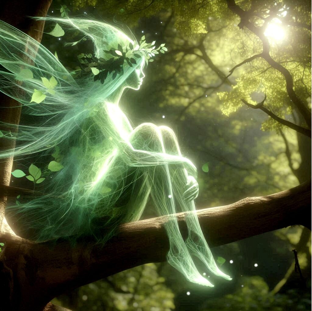 ai generated, fairy, elf, tree, natural spirit, tree beings, forest spirit, tree spirit, nature, magic, energy, silhouette, female, forest, mythical, green, mystical, fantasy